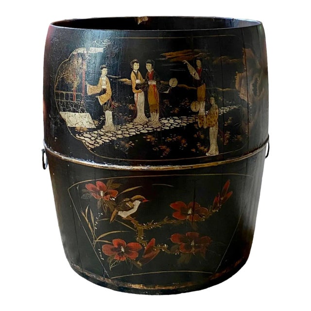 19th Century Chinese / Chinoiserie Large Scenic Black Painted Wood Rice Barrel / Basket For Sale