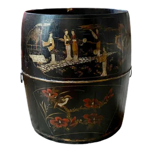 19th Century Chinese / Chinoiserie Large Scenic Black Painted Wood Rice Barrel / Basket