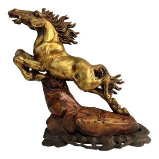 Early 20th Century Bronze Patina Jumping Horse Sculpture on Carved Wood Base For Sale