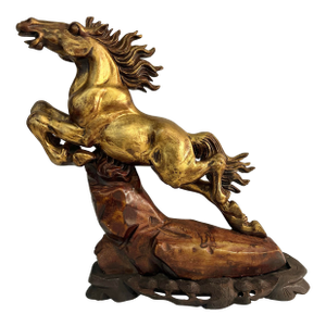 Early 20th Century Bronze Patina Jumping Horse Sculpture on Carved Wood Base