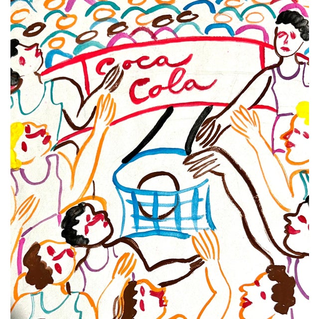 Folk Art Malcah Zeldis, Malcah Zeldis Folk Art Gouache Painting Sports Basketball Arena Coca Cola Sign, 1988 For Sale - Image 3 of 8