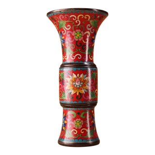 Vintage Cloisonne Enamel Drum Form Vase – 8.7" Red Ground Floral Gu Vase For Sale