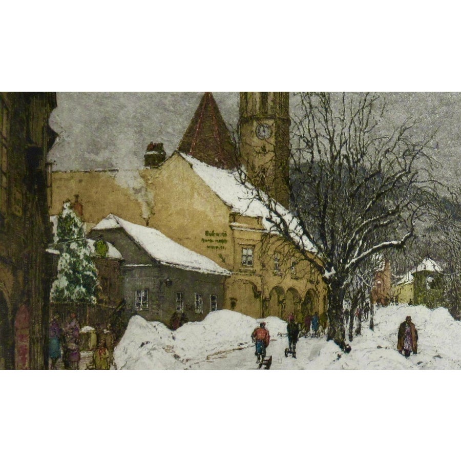 Luigi Kasimir Grinzing, Snow Scene, Austria, Large Color Etching
