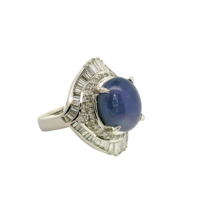 Metal 10.75 Carat Blue Star Sapphire Diamond Platinum Double Halo Ring, Size 6.5 For Sale - Image 7 of 8