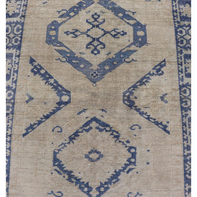 Turkish Oushak Gallery Rug in Blue and Cream With Geometric Design 4'6 X 12'6 For Sale - Image 9 of 12