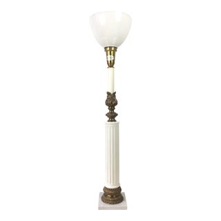 Vintage Brass Ceramic & Marble Column Table Lamp For Sale