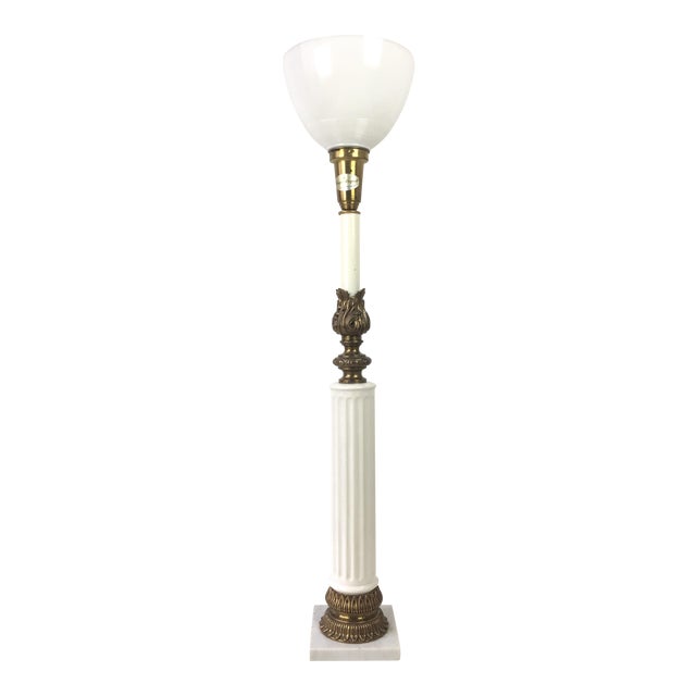 Vintage Brass Ceramic & Marble Column Table Lamp For Sale