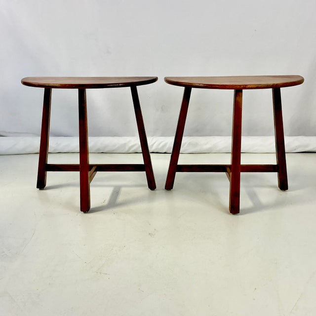 1940s Vintage Swedish Folk Art Gustavian Boho Chic Half Moon Teak Side Tables - A Pair. For Sale - Image 4 of 15