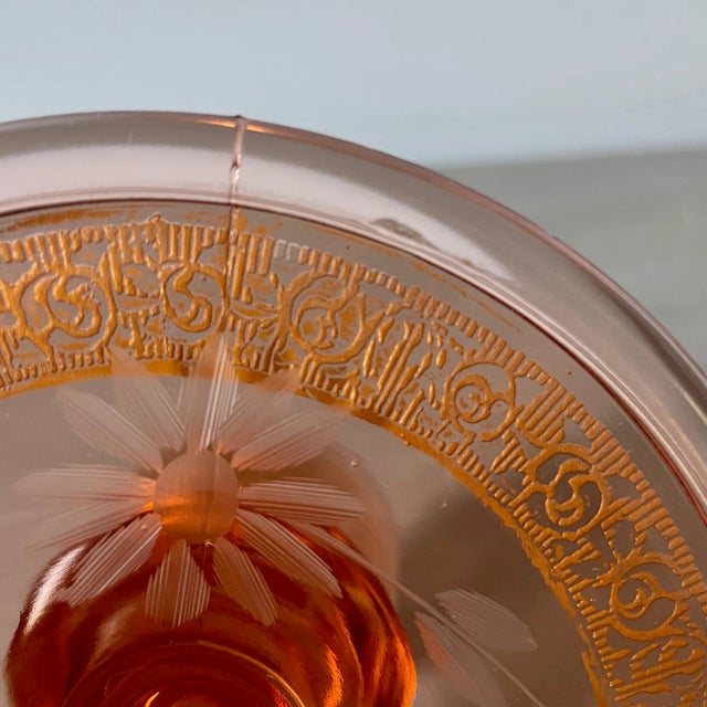 Pink Vintage Depression Era Sandwich Glass Candle Holder With Gold Paint Accent and Etched Floral Design For Sale - Image 8 of 10