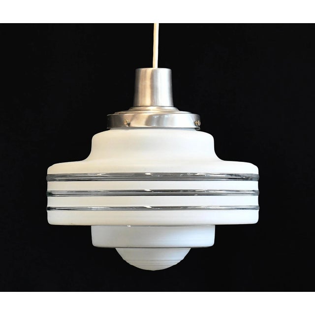 Vintage Art Deco Revival White Satin Glass Pendant Light With Brushed Chrome Hardware For Sale - Image 9 of 9