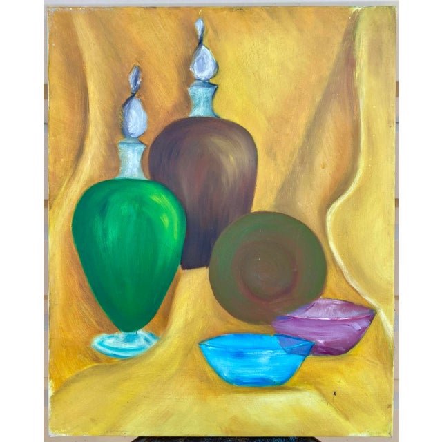 Textile Midcentury Modern Original Painting on Canvas of Colorful Vases For Sale - Image 7 of 7