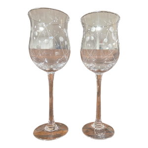 Pair of 1980s Tulip Wine Glasses by Lenox - Matching Modern Etched Graphics on Bowls