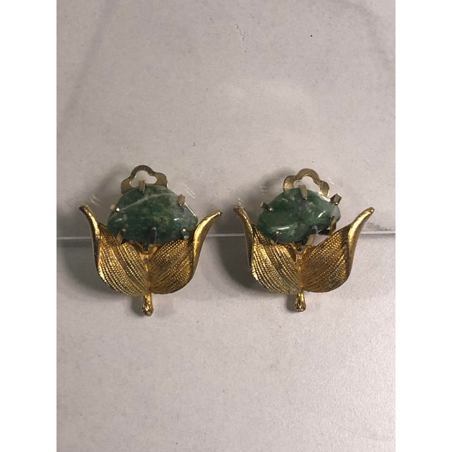 1940s Art Nouveau Green Jasper Gold Earrings, Pair For Sale - Image 6 of 6