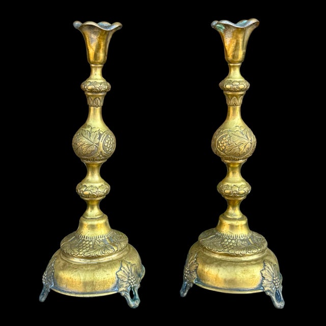 19th Century Polish Brass Large Candlestick Holders W/ Grapevine Motif, Warsaw 1880s, Pair For Sale - Image 4 of 8