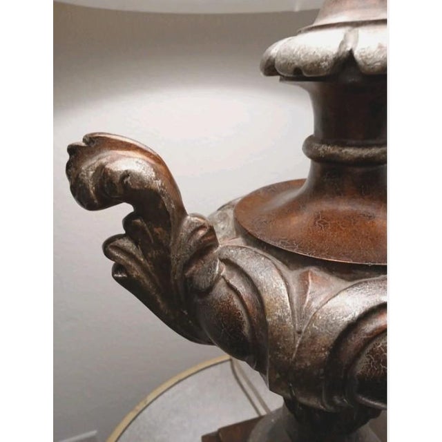 1940s 1940s Edwardian Carved Urn Lamp Brown Bronzed Renaissance Avant-Garde W Shade For Sale - Image 5 of 14