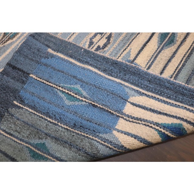 Blue Vintage Zabihi Collection Abstract Blue Swedish Kilim - 4'10" x 6' For Sale - Image 8 of 12