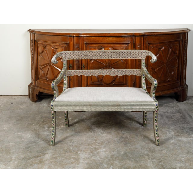 Early 20th Century 1930s Moroccan Metal Upholstered Settee With Enamel Décor and Rams' Heads For Sale - Image 5 of 12