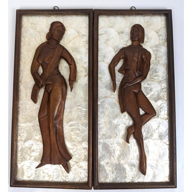 Pair Mid-Century Modern Hand-Carved Wood Figural Relief Wall Panels on Shimmering Capiz Shell Grounds For Sale - Image 16 of 18