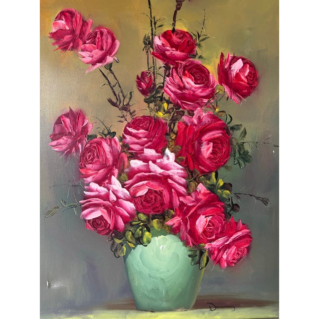 Mid-Century Modern 1970s Vintage Roses in Green Vase - Still Life Oil on Canvas Painting by Danny For Sale - Image 3 of 12
