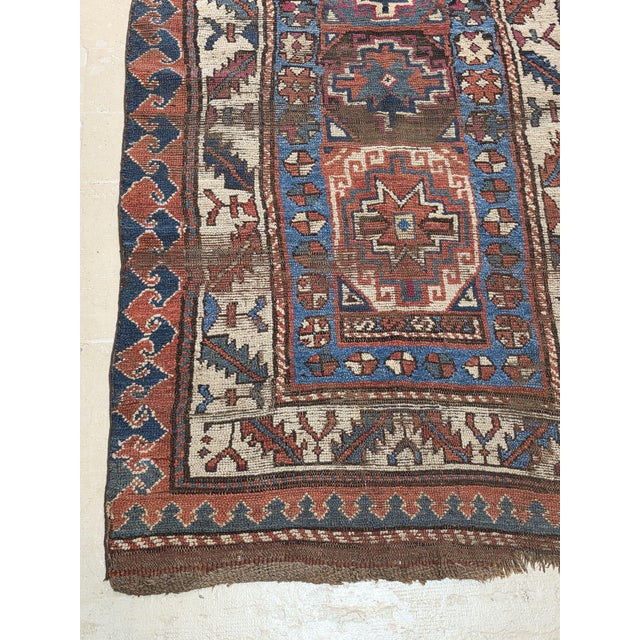 Antique Caucasian Kazak Wool Rug in Brick Red, Indigo Blue & Ivor For Sale - Image 4 of 7