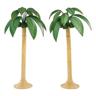 Mario Torres Lopez Style Mid Century Sculptural Rattan Palm Tree Lamps - Pair For Sale