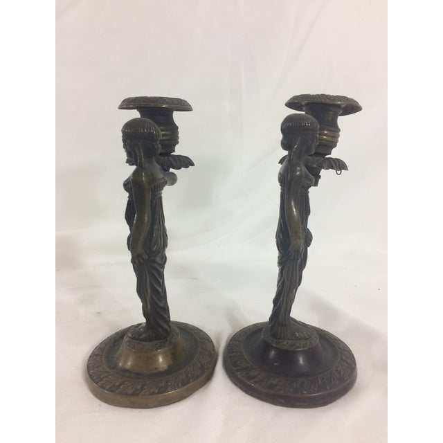 Traditional Egyptian Revival Bronze Candlesticks - A Pair For Sale - Image 3 of 7
