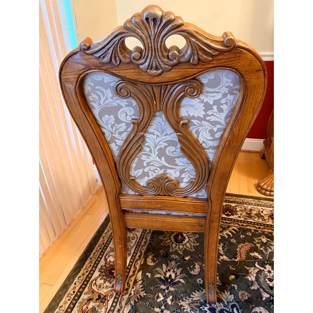 1990s Grand Traditional Italian Carved Pedestal Dining Table & 8 Damask Chairs - 9 Piece Set For Sale In Philadelphia - Image 6 of 9