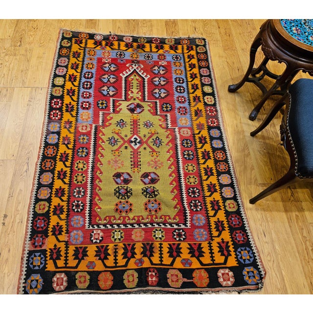 Textile Vintage Turkish Kilim Rug, Flat-Woven Prayer Pattern, Yellow & Green, 4x6 For Sale - Image 7 of 16