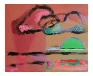 Sunset in Tel Aviv, Expressionist Oil on Linen, Rose and Green, Bold Colors, 2012