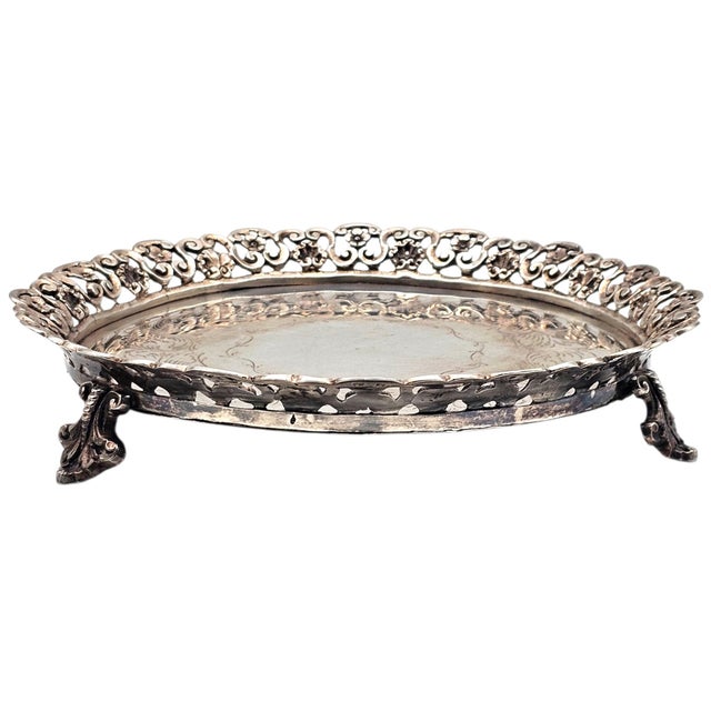 Mid 20th Century Brazilian Alpaca Silverplate Rococo Salon Tray With Pierced Gallery — Footed 10" For Sale - Image 5 of 7