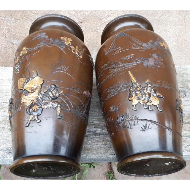 Meiji Era Bronze Vases with Precious Metal Inlays by Kumagaya, Japan, 1890s, Set of 2 For Sale - Image 11 of 12