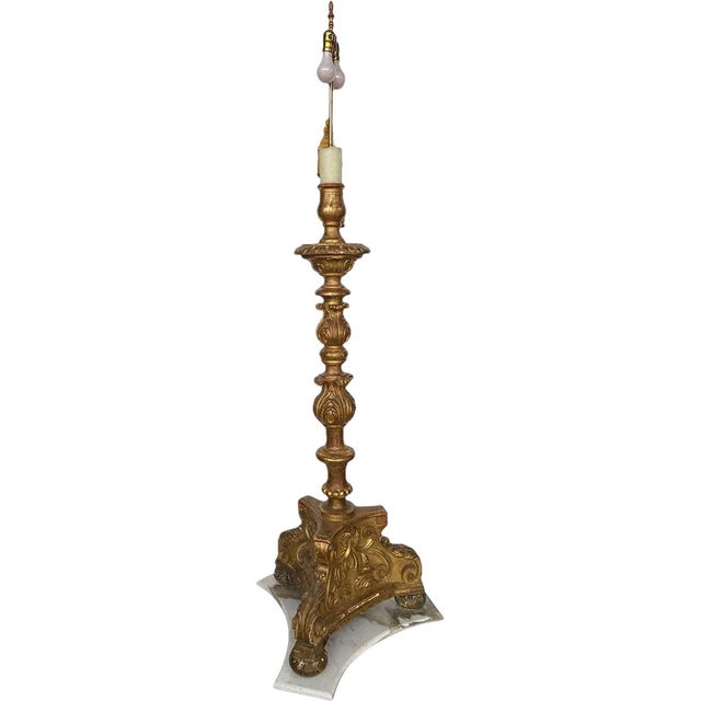 DETAILS This magnificent, tall antique gold gilt lamp began life as an 18th century torchiere, but is now modified as an...
