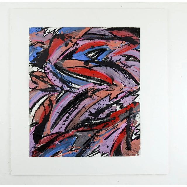 Abstract Expressionist acrylic painting on paper in purple, red and black by Jerry Adams (20th - 21st century) American....