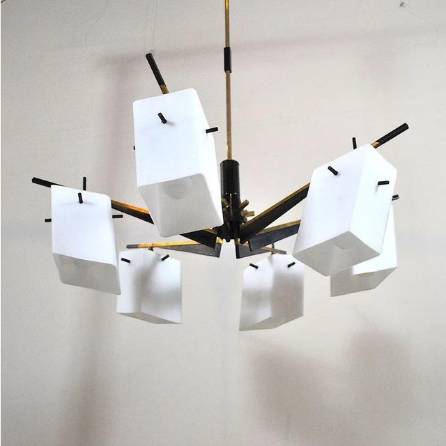 Brass, Wood, and Opaline Glass Pendant Lamp by Stilux, 1960s, in Very Good conditions. Designed 1960 to 1969 This piece is...