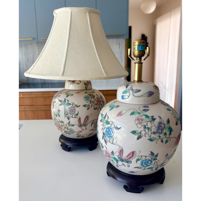 Pastel Flowers and Butterflies Chinoiserie Ginger Jar Lamps, a Pair For Sale - Image 11 of 11