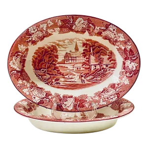 Antique Red Transferware Vegetables, Set of Two