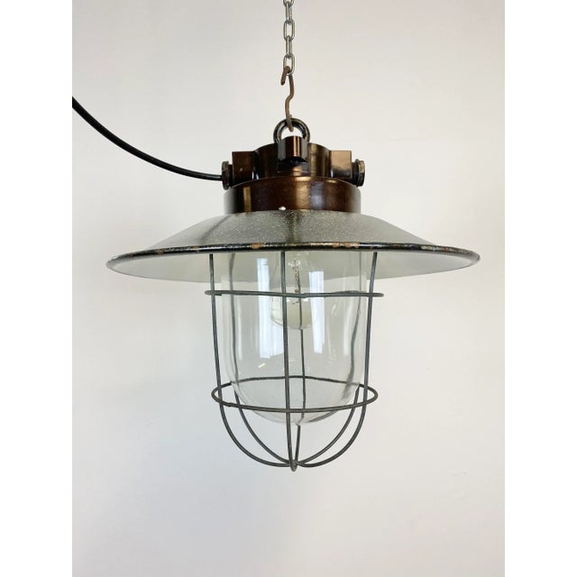 - Vintage industrial lamp from the former Czechoslovakia, made during the 1960s - Grey enamel shade with white interior -...