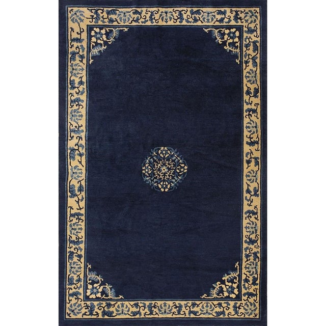 1900s Navy Blue Medallion Traditional Antique Chinese Peking Rug 5' 0'' X 7' 6'' Wool Knotted Carpet For Sale - Image 9 of 9