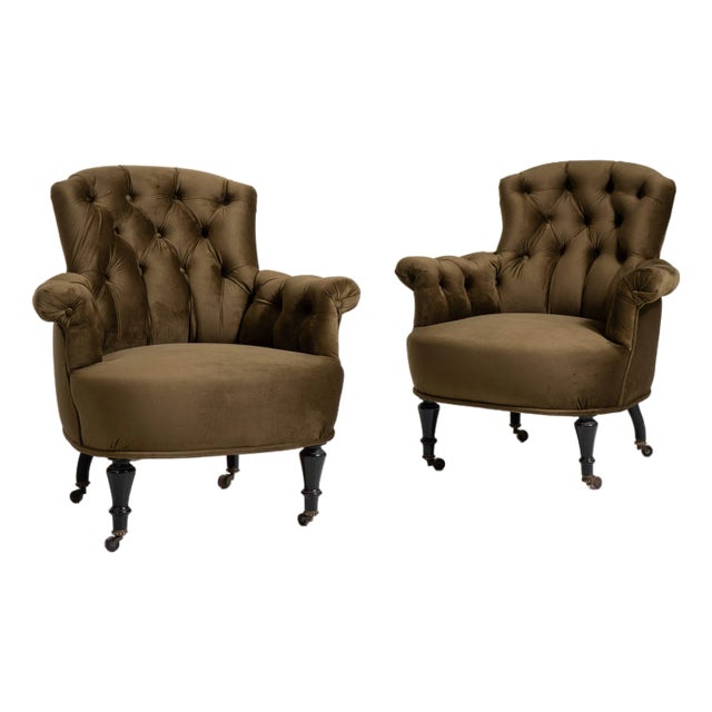 Pair of Napoleon III Velvet Upholstered Armchairs, Second Empire Style, France, Circa 1880 For Sale