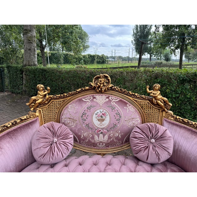 1940 French Louis XVI Gold Beech Rose Velvet Settee For Sale - Image 9 of 18