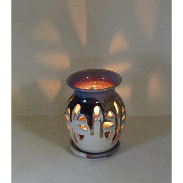Signed Studio Pottery Pierced Luminary Candle Holder With Matching Dish For Sale - Image 12 of 13