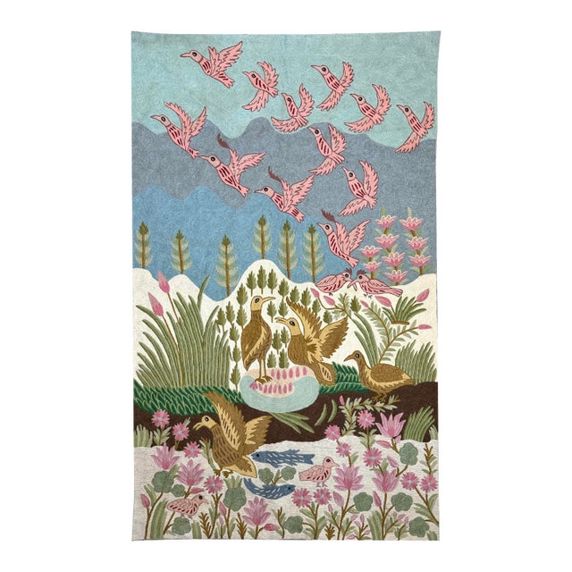 Vintage Folk Art Crewel Embroidery Wall Hanging Landscape With Birds For Sale
