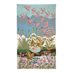 Vintage Folk Art Crewel Embroidery Wall Hanging Landscape With Birds