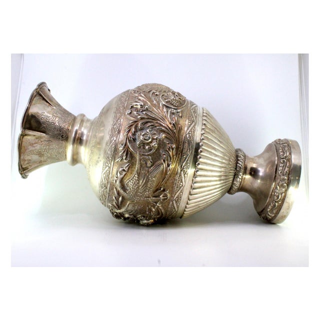 Silver Silver Vase with Floral Motifs, Figures of Swans and Engraved Friezes on Circular Base For Sale - Image 8 of 9