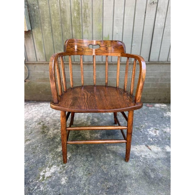 Pair of Arts and Crafts Firehouse Oak Windsor Pub Chairs For Sale - Image 16 of 17