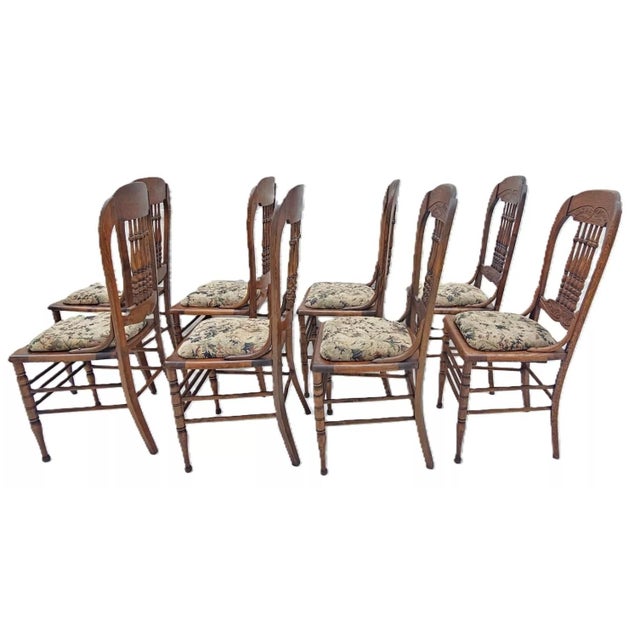 Victorian Antique 1890s Victorian Pressed Back Oak Dining Chairs – Set of 8 For Sale - Image 3 of 12