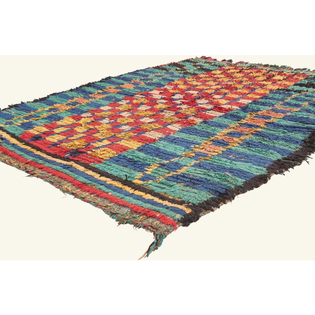 22063 Vintage Azilal Boucherouite Moroccan Rug, 04'06 x 05'06. The Harvest Blessing: A Vintage Azilal Moroccan Masterpiece...