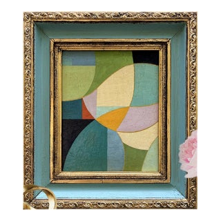 Mid-Century Modern Inspired Abstract Oil Painting in Vintage Blue Frame For Sale