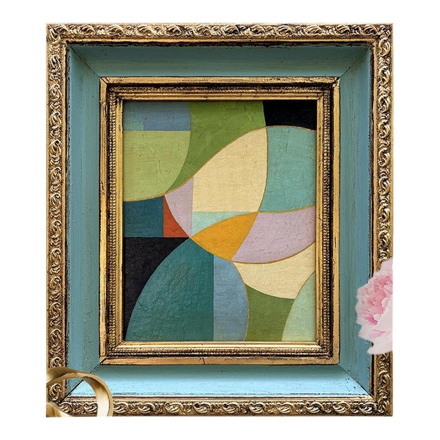 Mid-Century Modern Inspired Abstract Oil Painting in Vintage Blue Frame For Sale