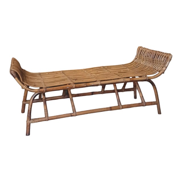 Vintage Mid Century Rattan Bench For Sale